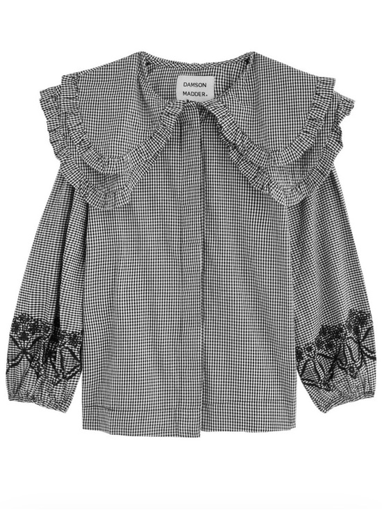 Damson Madder Tops - Damson Madder Black & White Gingham Ruffle Collar Blouse